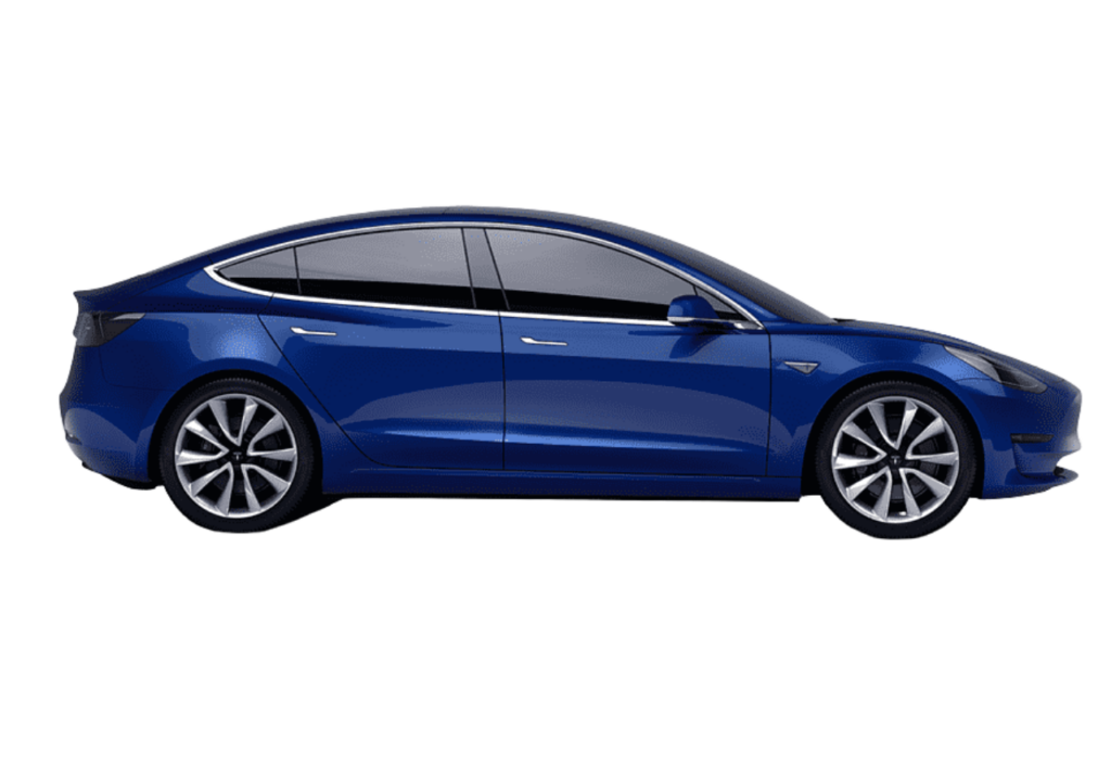 Blaue elektrische Limousine in Seitenansicht